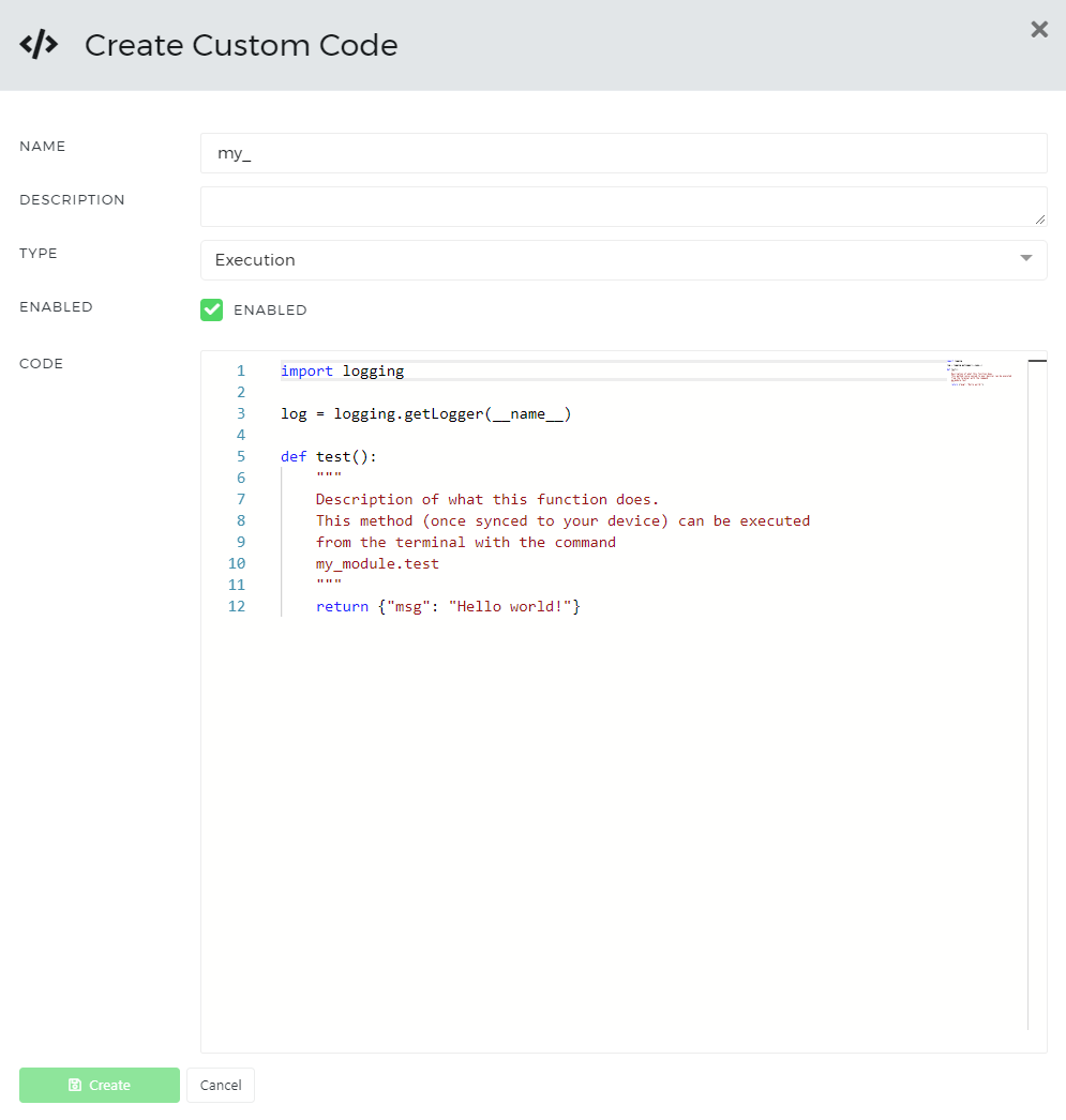 An example of a custom code configuration in AutoPi cloud