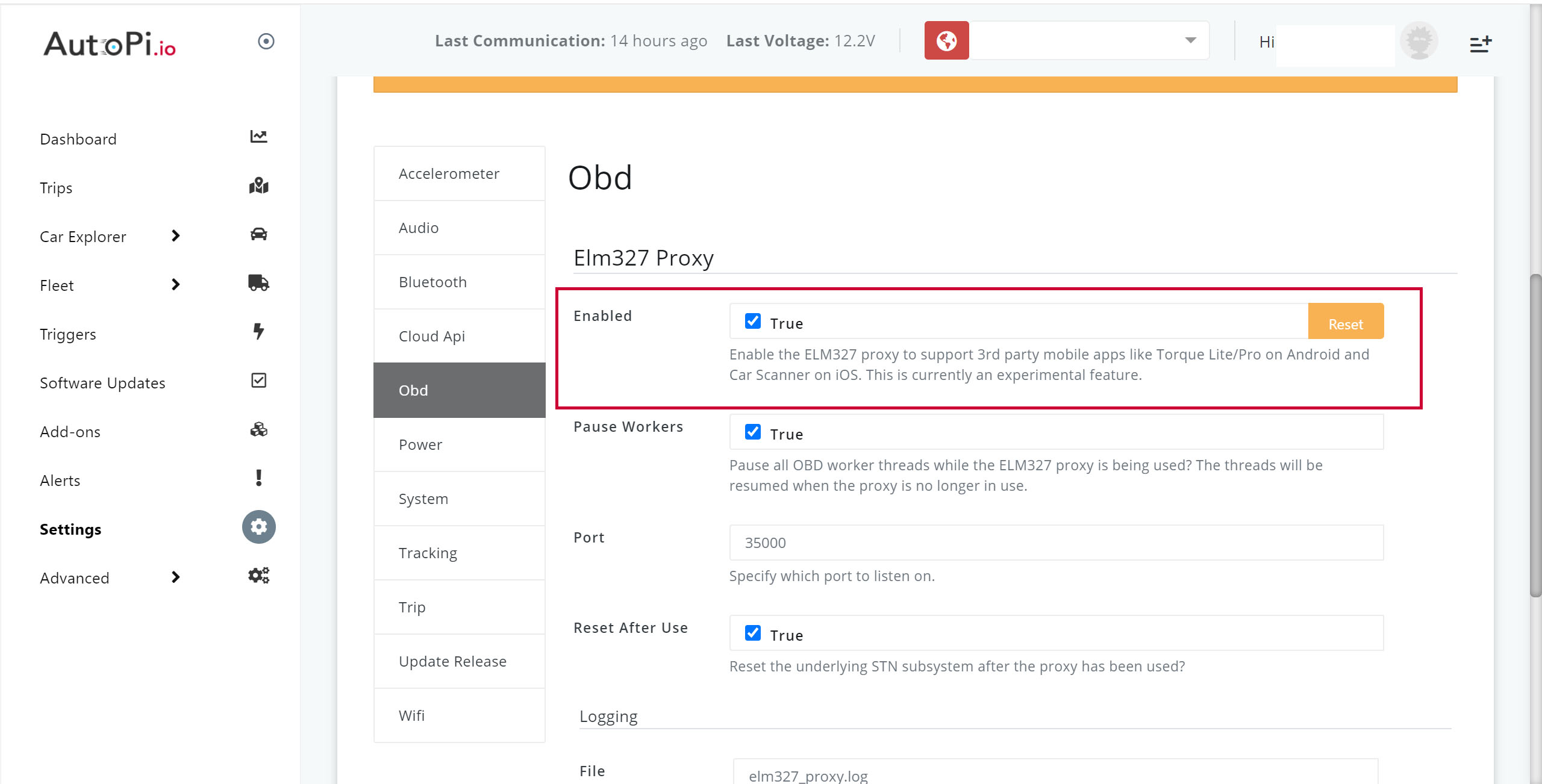 An illustration of AutoPi dashboard system and how to enable the ELM327 proxy