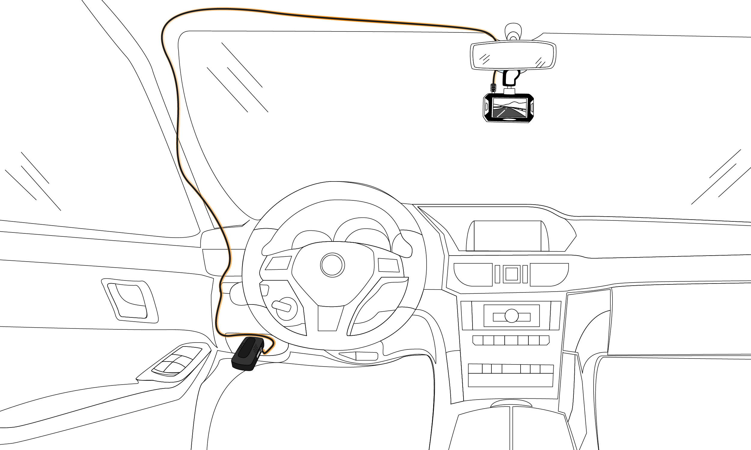 An illustration of a dash cam installation in a vehicle