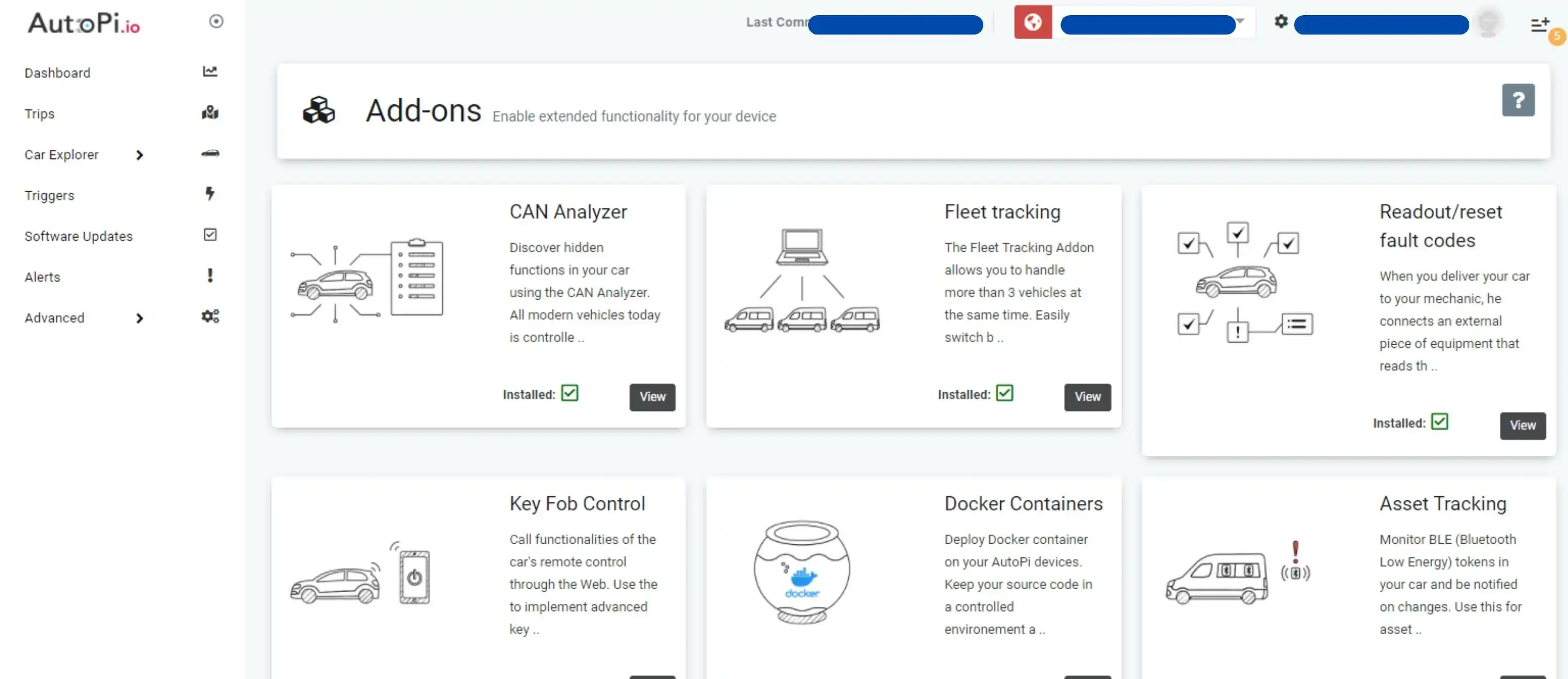 AutoPi Add-ons Overview Illustration of the AutoPi dashboard system showing the add-ons overview