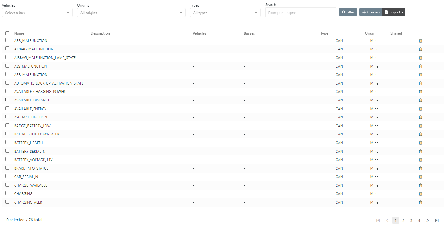 list of all imported can signals in the library