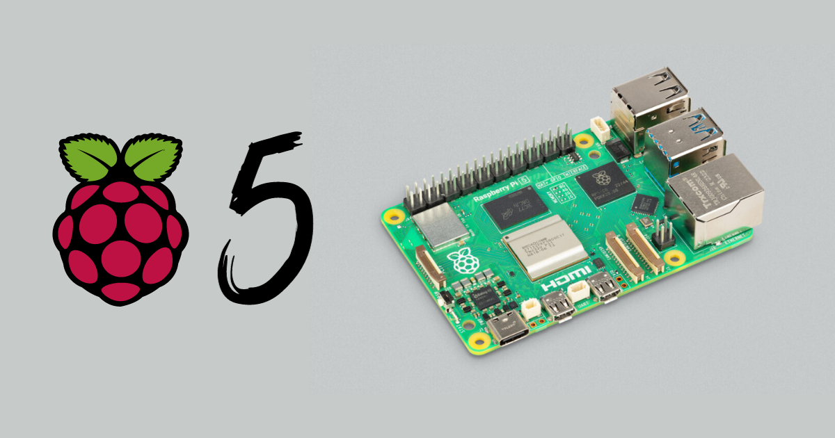 visual presentation of raspberry pi 5 in a simple format, and a raspberry pi logo beside the number 5.